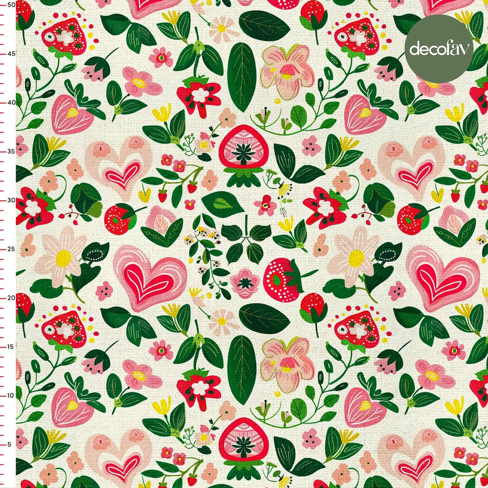 Pembe Çilek Bahçesi Desenli Dijital Baskılı Kumaş - Decofav | Kırlent, Sofra Tekstili, Kumaş