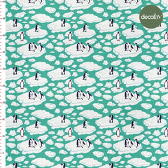 Digitally Printed Christmas Fabric with Penguin Pattern on Mint Ice Ground