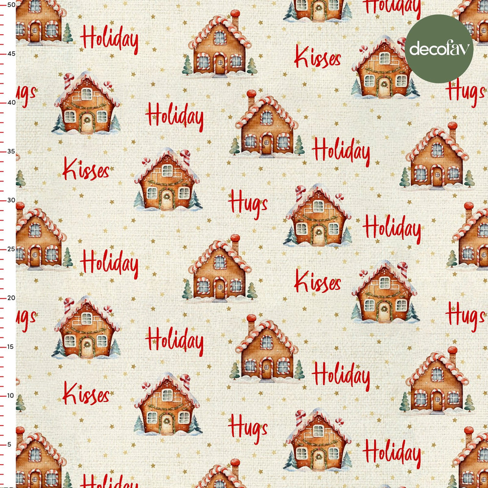 Hugs Kises Holiday Sloganlı Kurabiye Ev Desenli Dijital Baskılı Kumaş - Decofav | Kırlent, Sofra Tekstili, Kumaş