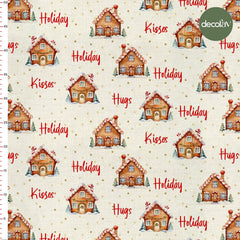 Hugs Kises Holiday Sloganlı Kurabiye Ev Desenli Dijital Baskılı Kumaş - Decofav | Kırlent, Sofra Tekstili, Kumaş