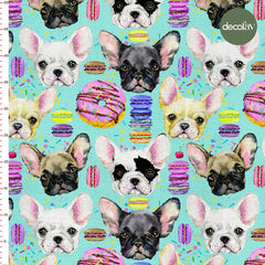 Mint Ground Watercolor Dog Donut Macaron Patterned Digital Printed Fabric