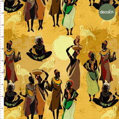 Watercolor African Women Flamingo Patterns Digital Printed Fabric