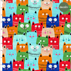 Digitally Printed Fabric with Hand-Drawn Colorful Cat Pattern