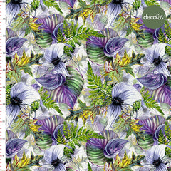 Watercolor Purple Flower Leaf Pattern Digital Printed Fabric