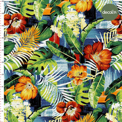 Tropical Indigo Green Orange Flower Leaf Pattern Digital Printed Fabric