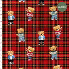 Digitally Printed Fabric with Cool Teddy Pattern on a Red Plaid Background