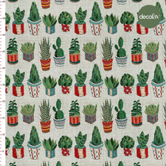 Digitally Printed Fabric with Embroidered Cactus Pattern in a Pot