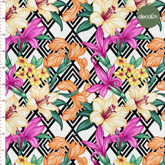 Geometrik Arka Planlı Zambak Çiçek Desenli Dijital Baskılı Kumaş