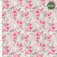 Watercolor Crisp Pink Flower Leaf Pattern Digital Printed Fabric