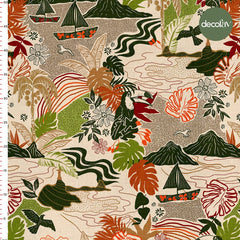 Tropik Ada Temalı Desenli Dijital Baskılı Kumaş
