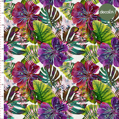 Mor Yeşil Tonları Tropik Yaprak Desenli Dijital Baskılı Kumaş