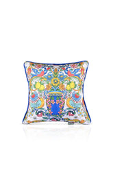 İtalyan Çini Stili Vazo ve Kuşlar Tasarımlı Fitilli Kırlent Kılıfı - 43x43cm