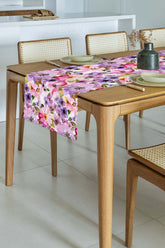 Runner Sulu Boya Pembe Mor Çiçek Desenli Dijital Baskılı - 48x135cm
