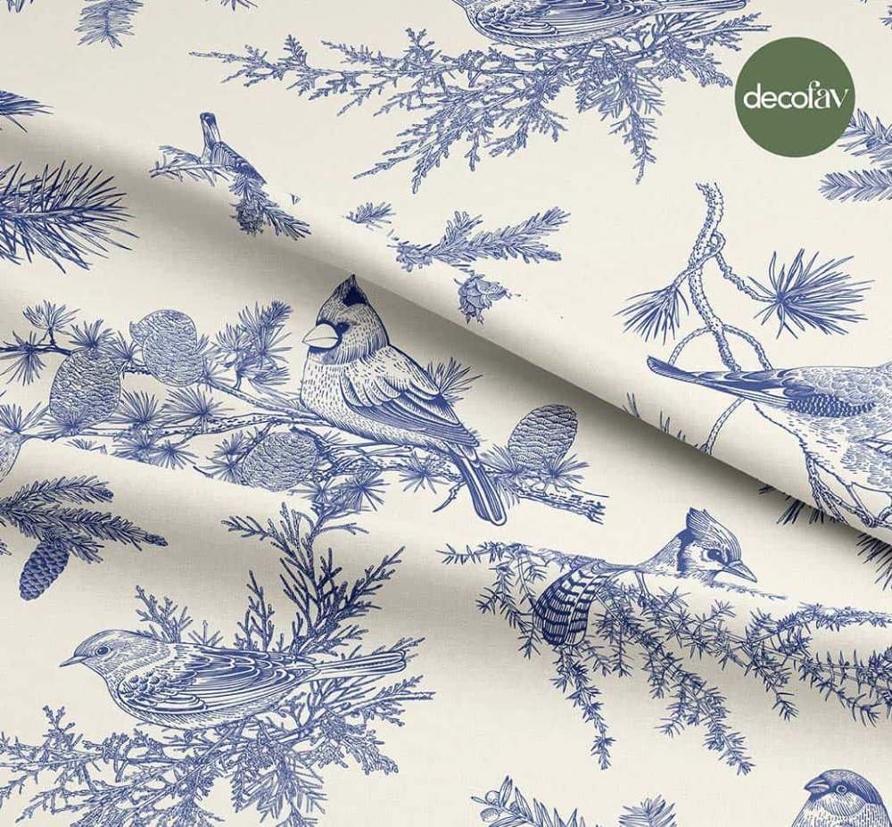 Digitally Printed Fabric with Birds Pattern on Hand-Drawn Pine Tree Branch