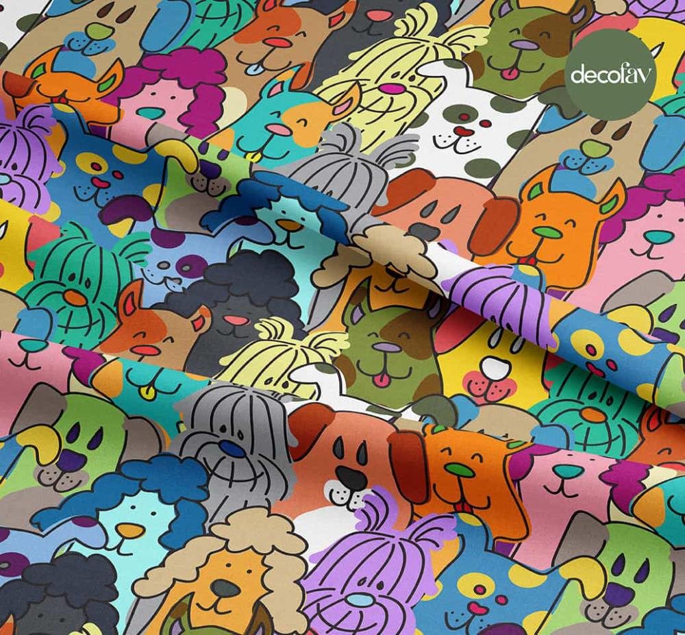 Rengarenk Köpek Desenli Dijital Baskılı Kumaş