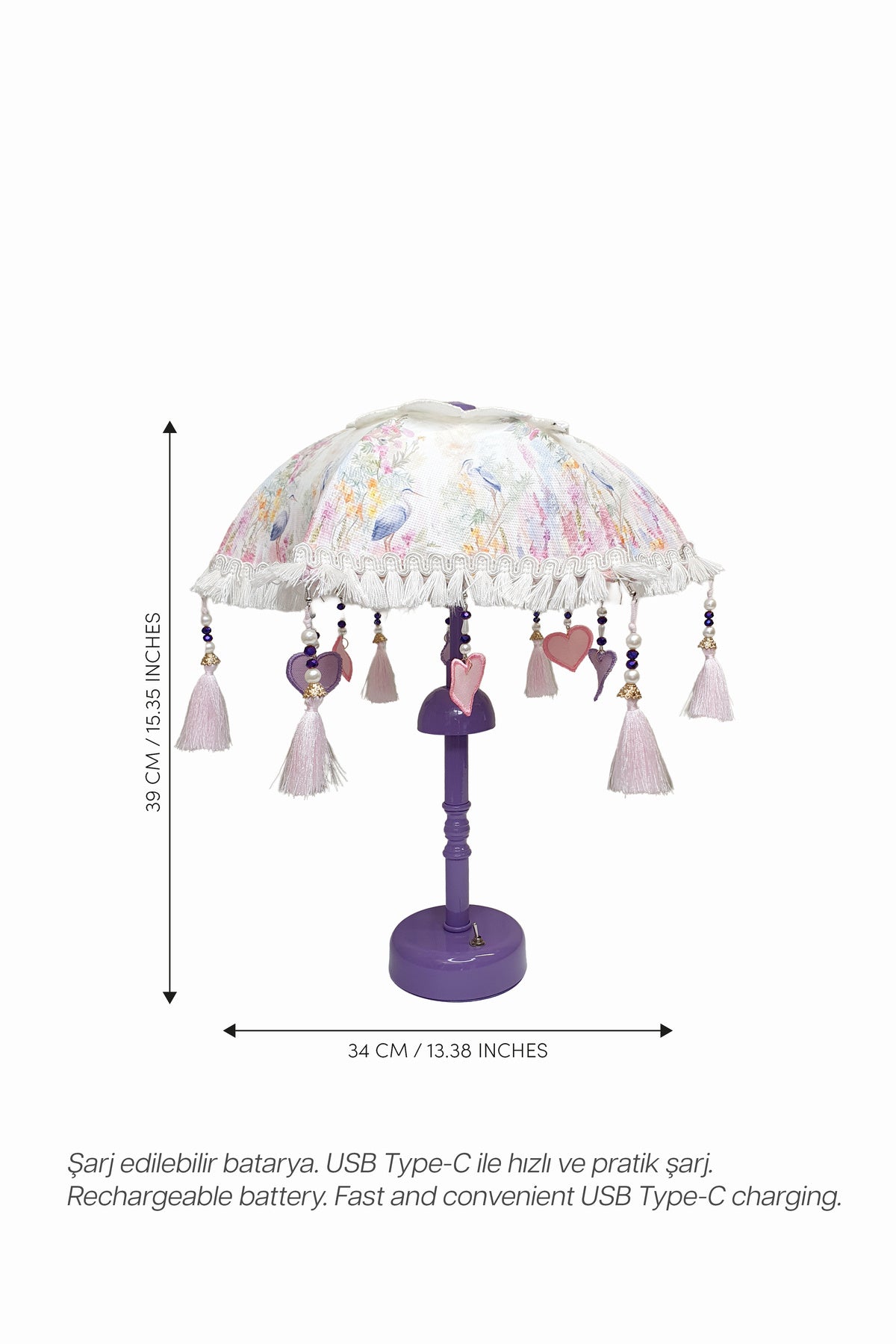 Lavender Garden Bali Şemsiyesi Pilli LED Aplik – Pastel Kuş ve Çiçek Desenli Dekoratif Aydınlatma