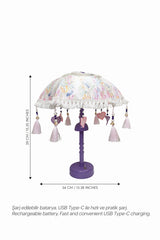 Lavender Garden Bali Şemsiyesi Pilli LED Aplik – Pastel Kuş ve Çiçek Desenli Dekoratif Aydınlatma
