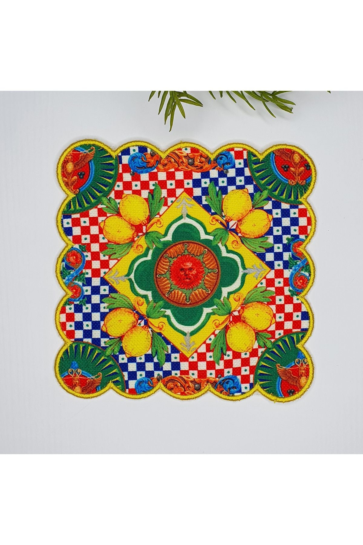 İtalyan Çini Limon Tasarım Desenli Dijital Baskılı Nakışlı Kokteyl Peçetesi
