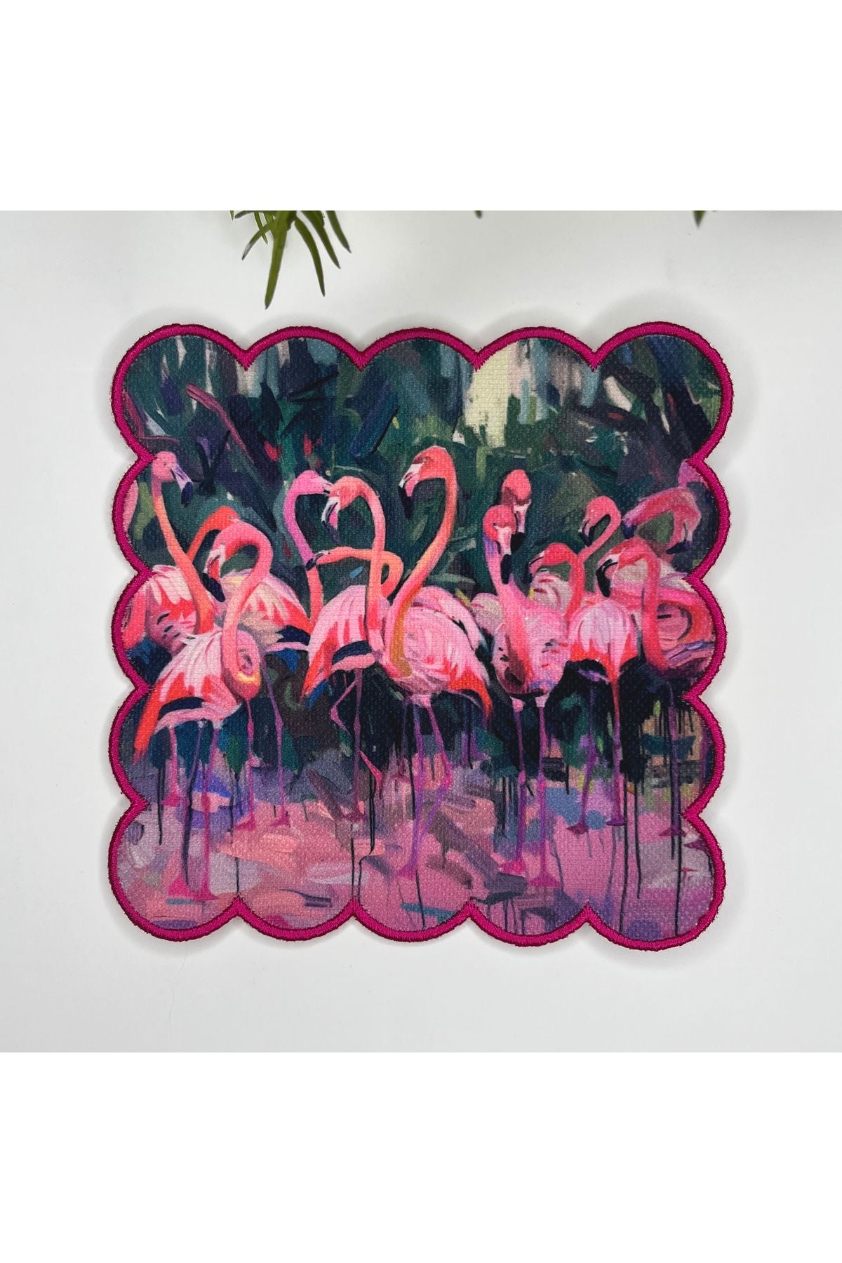 Yağlıboya Maksimalist Flamingolar Tasarımlı Nakış Kenar Kumaş Kokteyl Peçetesi 1 Adet