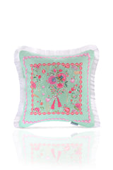 Love Bloom Kalpli Yeşil Renkli Çiçekli Saçaklı Kadife Kırlent Kılıfı - 43x43cm