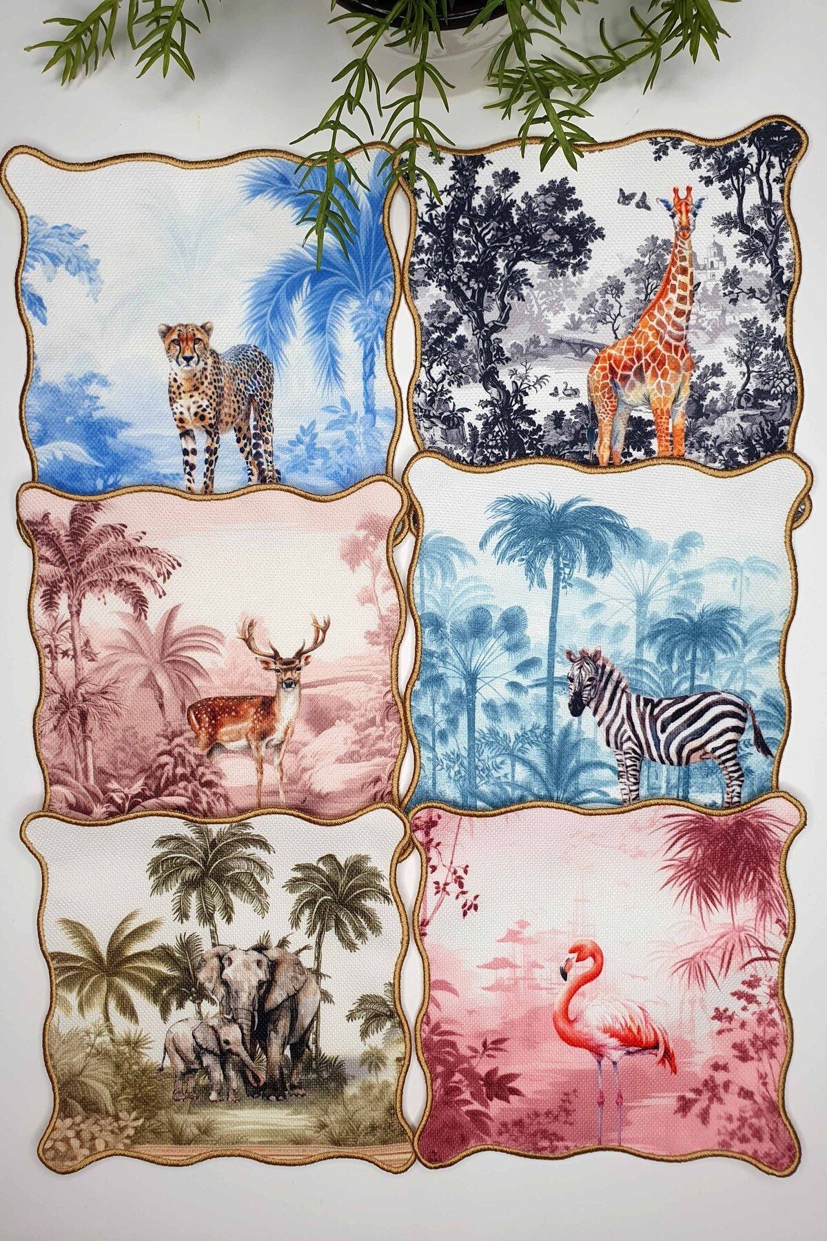 6'lı Jungle Serisi Uyumlu Sulu Boya Hayvan Desenli Nakışlı Kokteyl Peçeteleri
