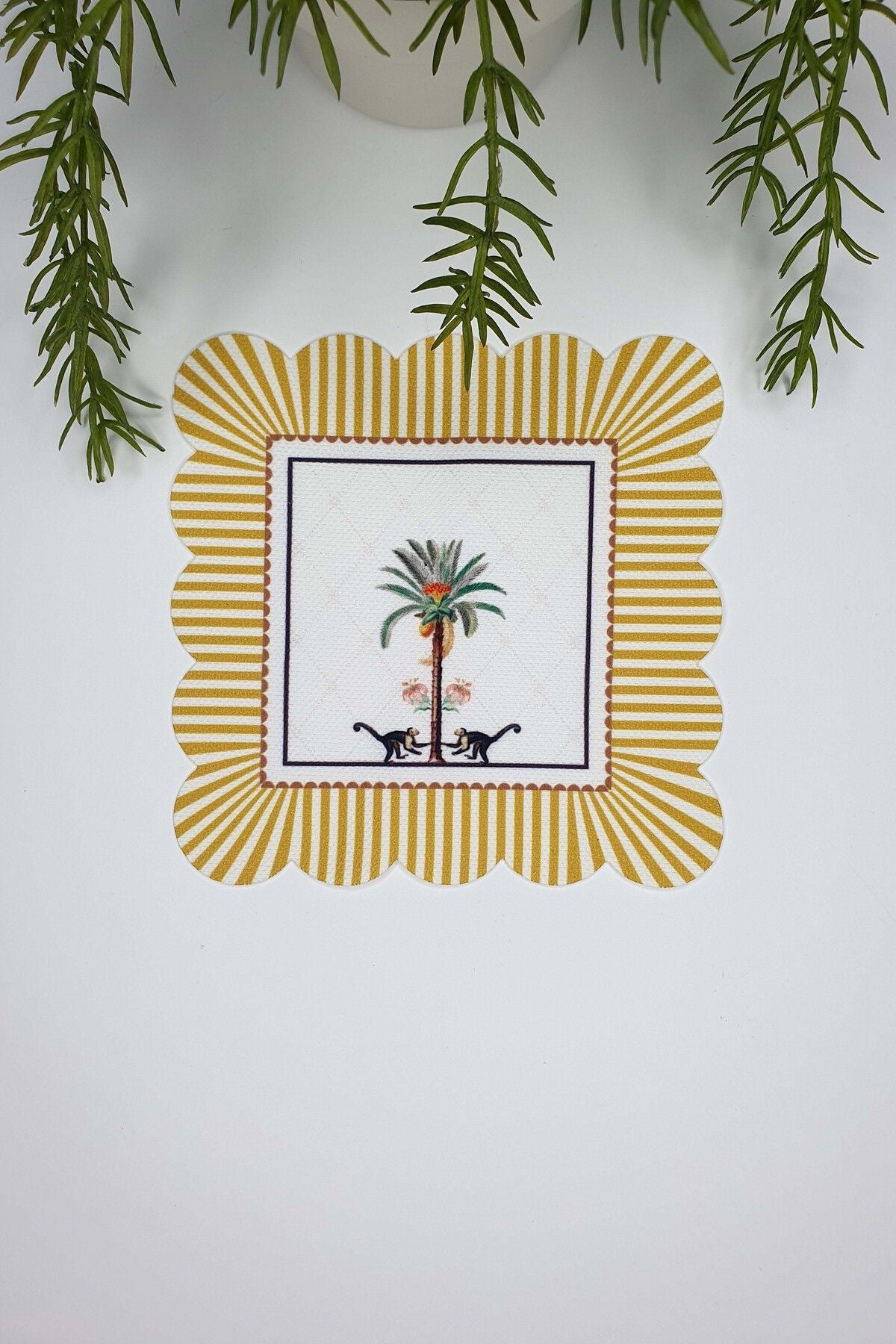 Decorative Yellow Edge Palm Tree, Monkey Design Laser Cut Fabric Cocktail Napkin, 1 Piece