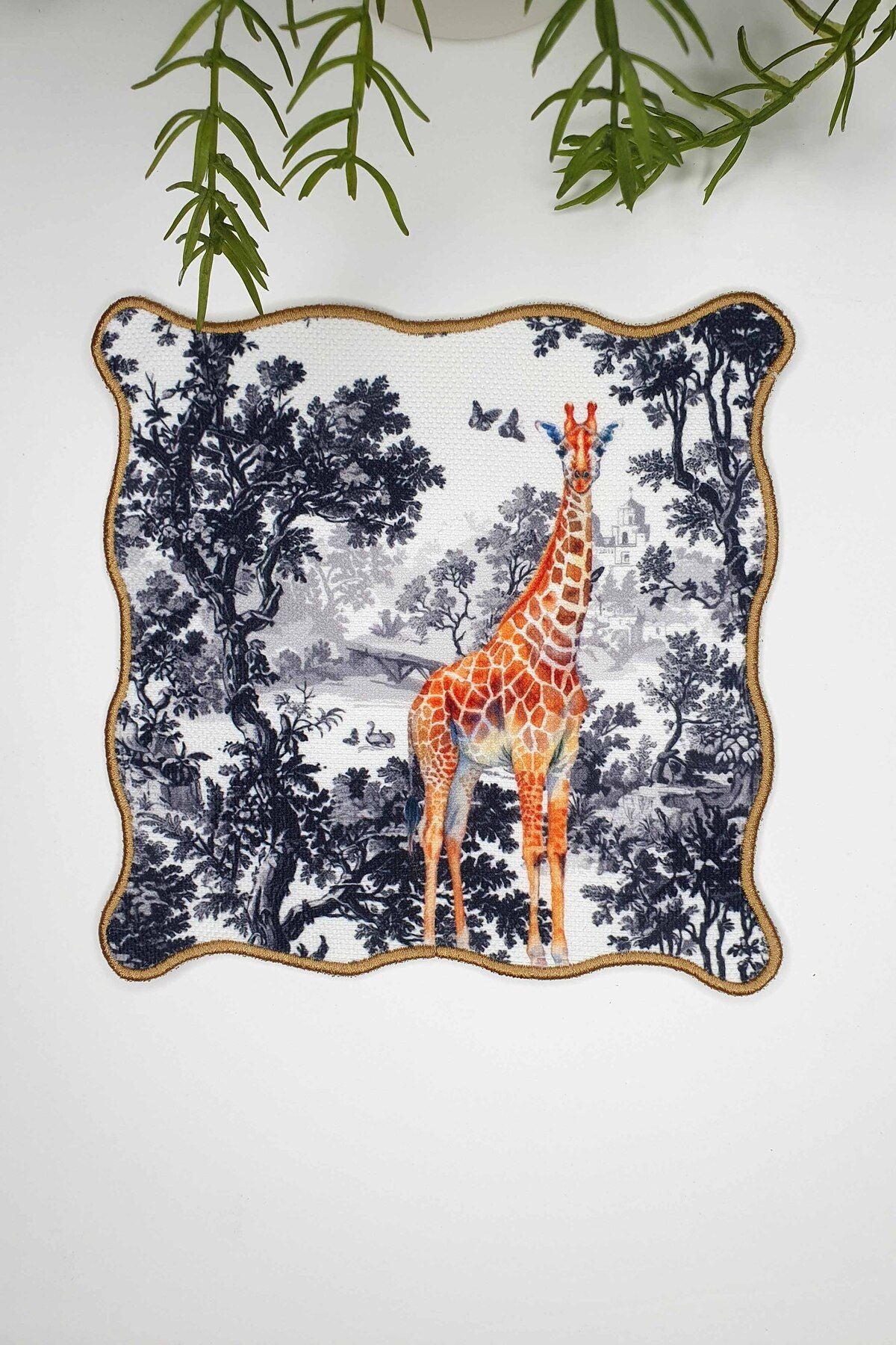 Exotic Forest and Giraffe Design Embroidered Edge Cocktail Napkin 1 Piece