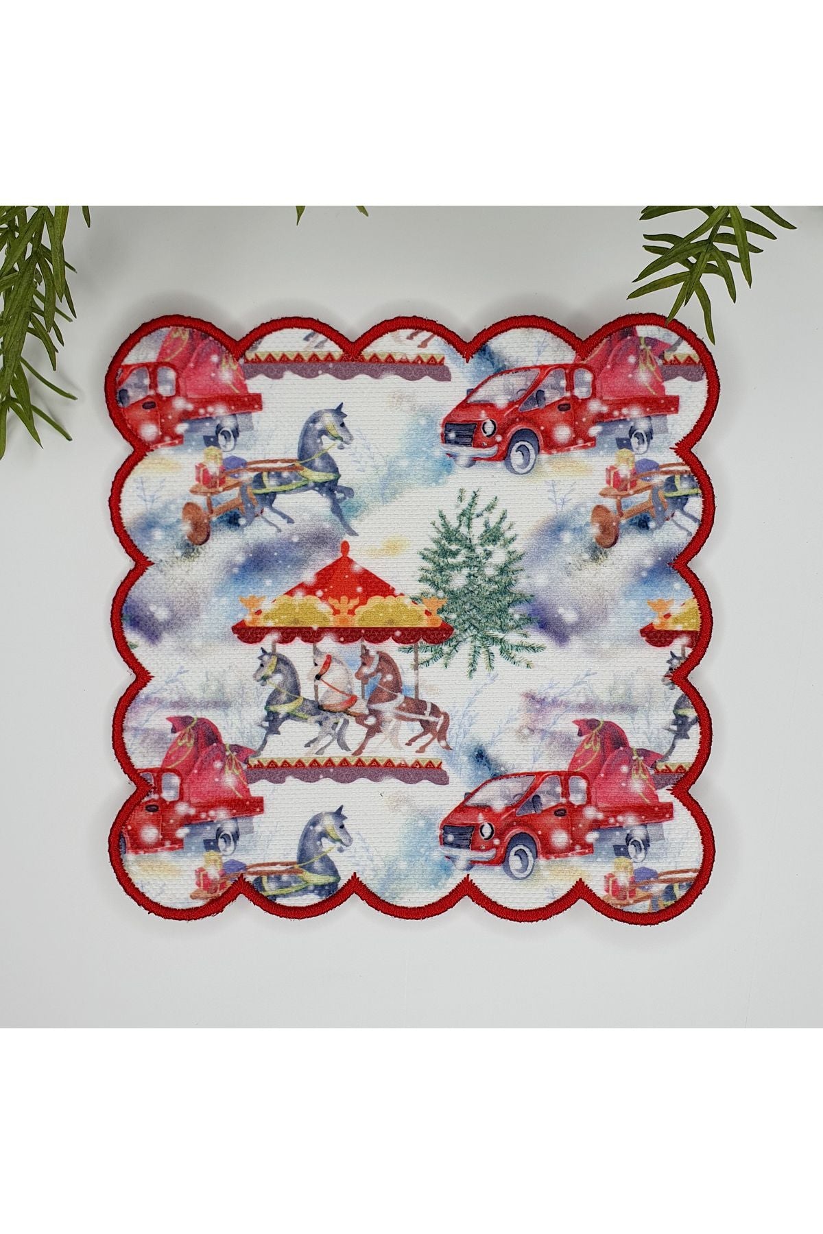 Sulu Boya Yılbaşı Konsept Desenli Etrafı Nakışlı Kumaş Kokteyl Peçetesi 1 Adet