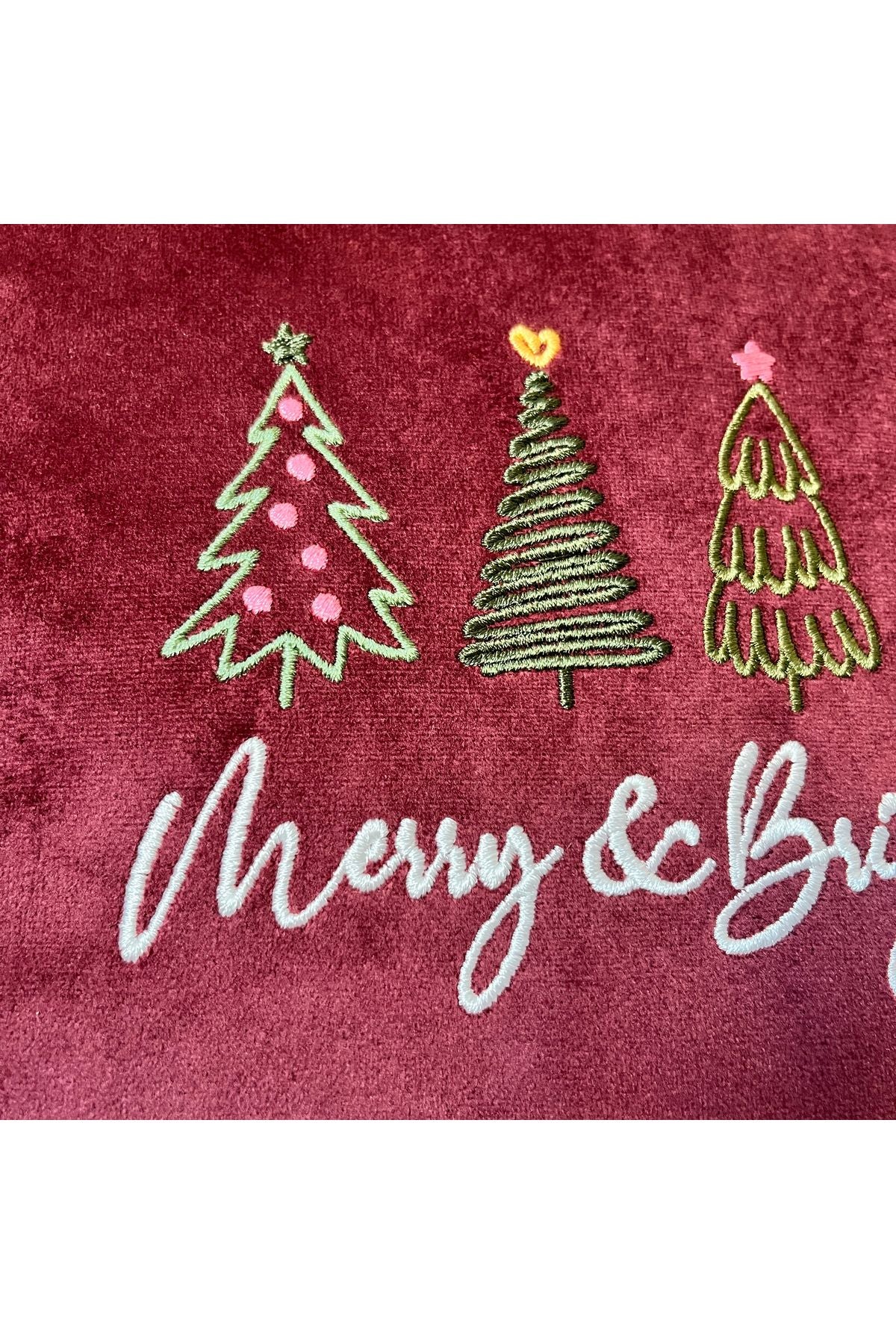 Merry & Bright Nakışlı Bordo Kadife Kırlent Kılıfı