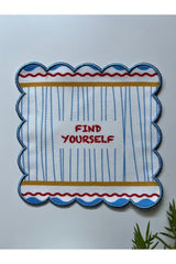 Find Yourself Çizgi Desenli  Dijital Baskılı, Kenarı Turkuaz Nakışlı Dekoratif Kokteyl Peçeteleri