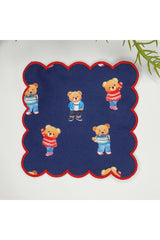 Lacivert Zemin Teddy Ayıcıklı Dijital Baskılı Kenarı Nakışlı Kokteyl Peçetesi