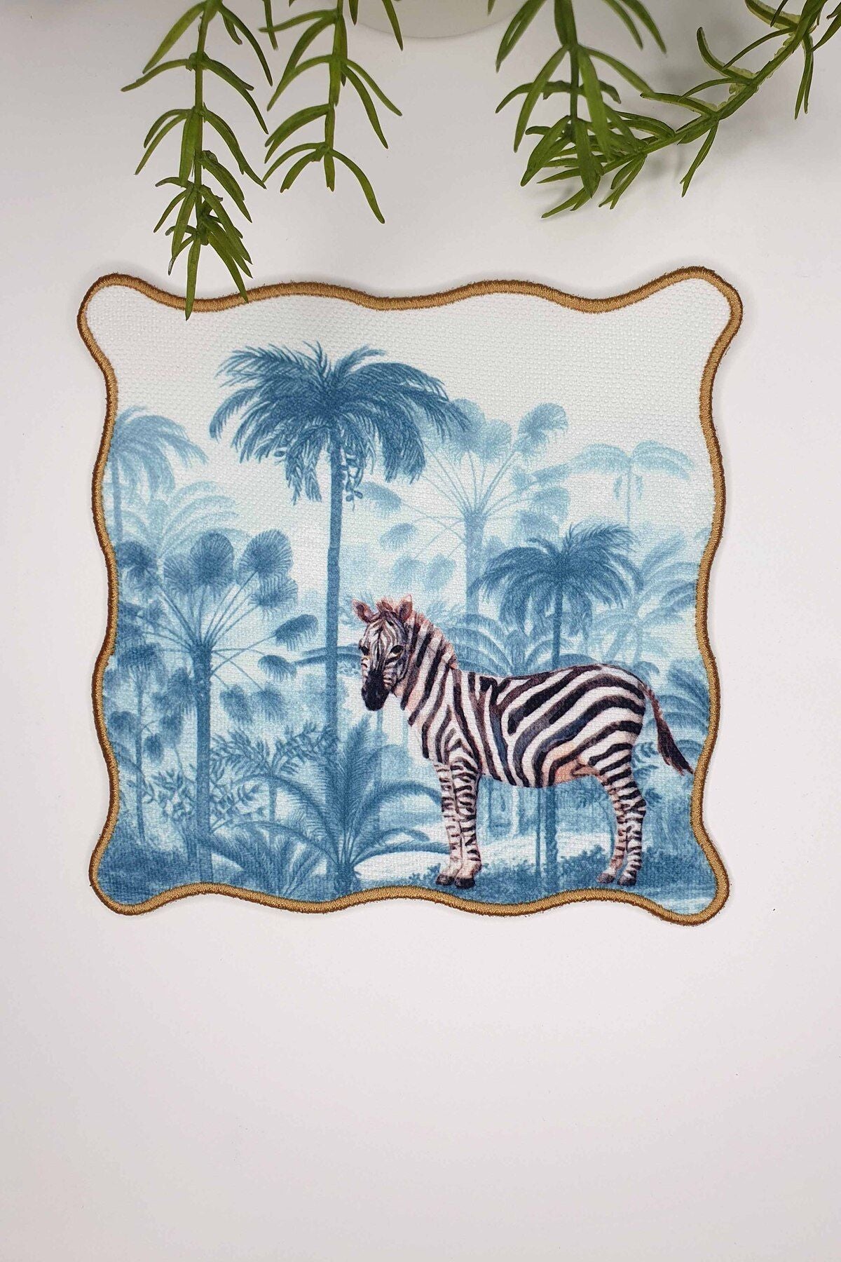 Exotic Forest and Zebra Design Embroidered Edge Cocktail Napkin 1 Piece