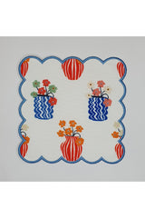 Turuncu Mavi Vazo ve Çiçek Desenli Kenarı Nakışlı Kokteyl Peçetesi