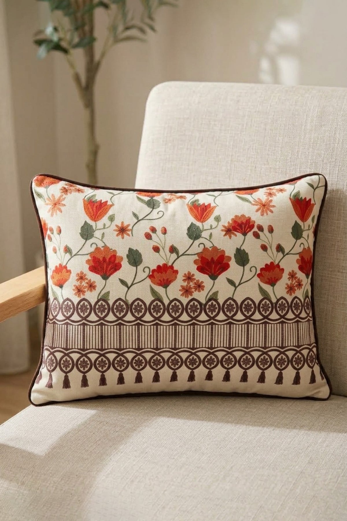 Antika Perde Tasarımlı – Dijital Baskılı Fitilli Dikdörtgen Kırlent Kılıfı - 60x35cm