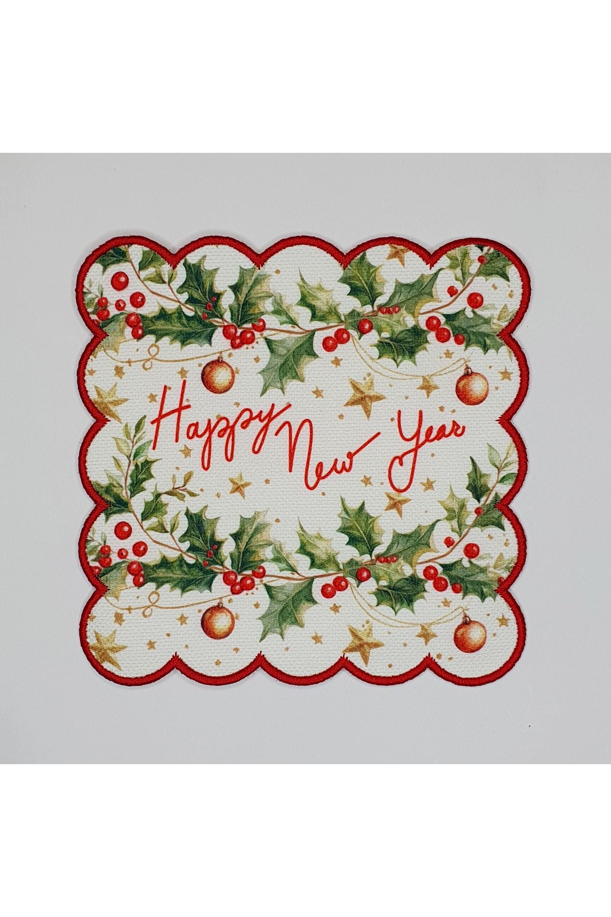 Decorative New Year's Floral Slogan Patterned Cocktail Napkin with Embroidered Edge