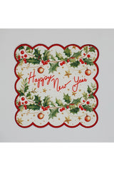Decorative New Year's Floral Slogan Patterned Cocktail Napkin with Embroidered Edge