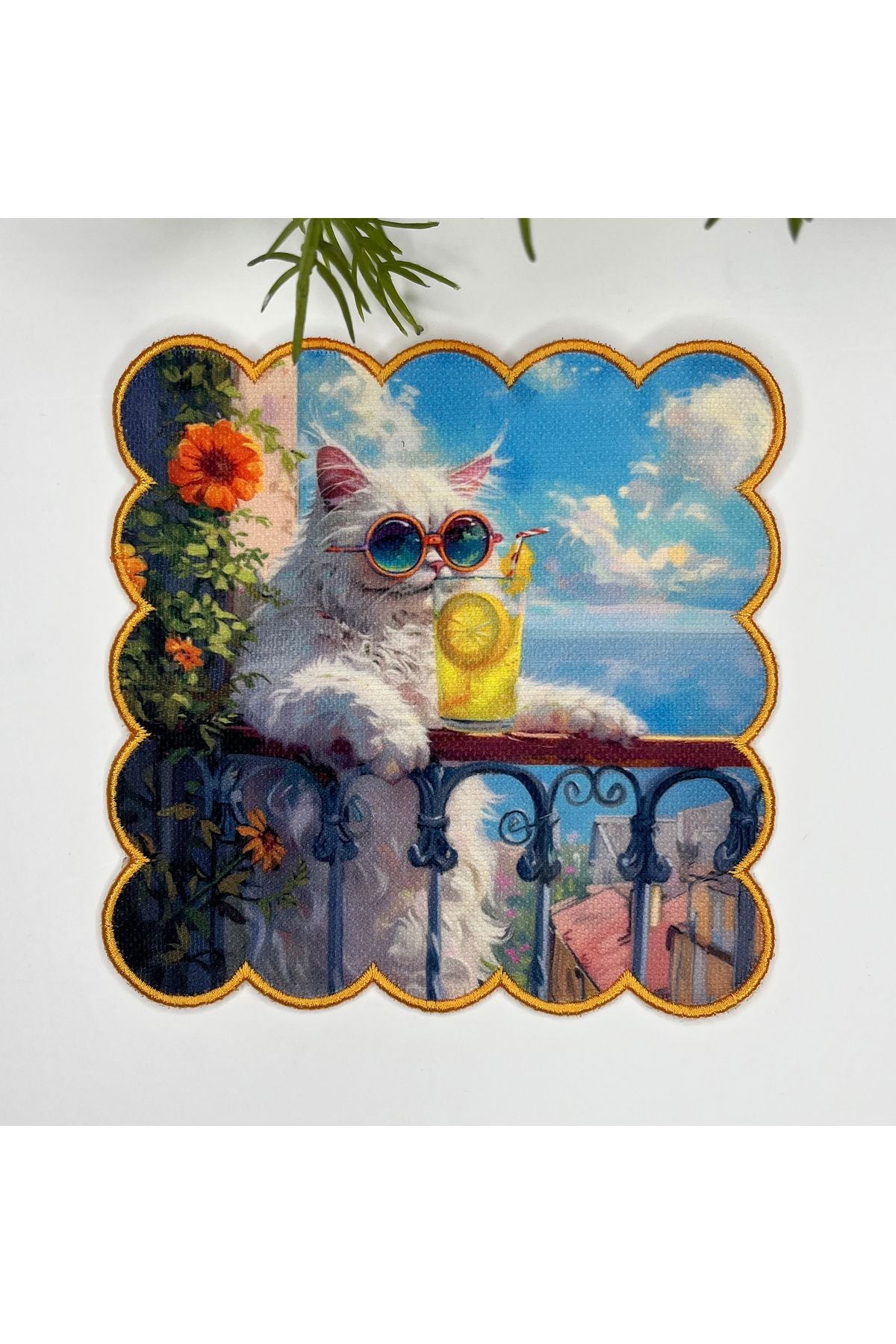 Yağlıboya Tatilci Beyaz Kedi Tasarımlı Nakış Kenar Kumaş Kokteyl Peçetesi 1 Adet