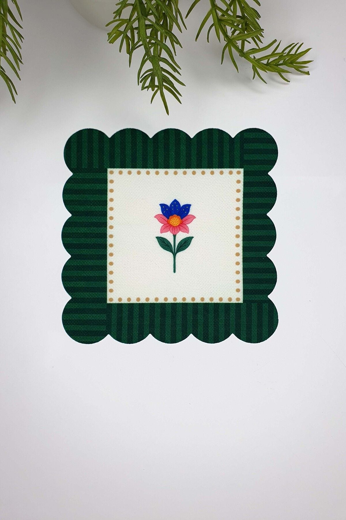 Yeşil Çizgili Renkli Çiçek Desenli Lazer Kesim Kokteyl Peçetesi 1 Adet