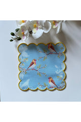 Sarı Kenarlı Kuş Desenli Dijital Baskılı, Kenarı  Nakışlı Dekoratif Kokteyl Peçeteleri