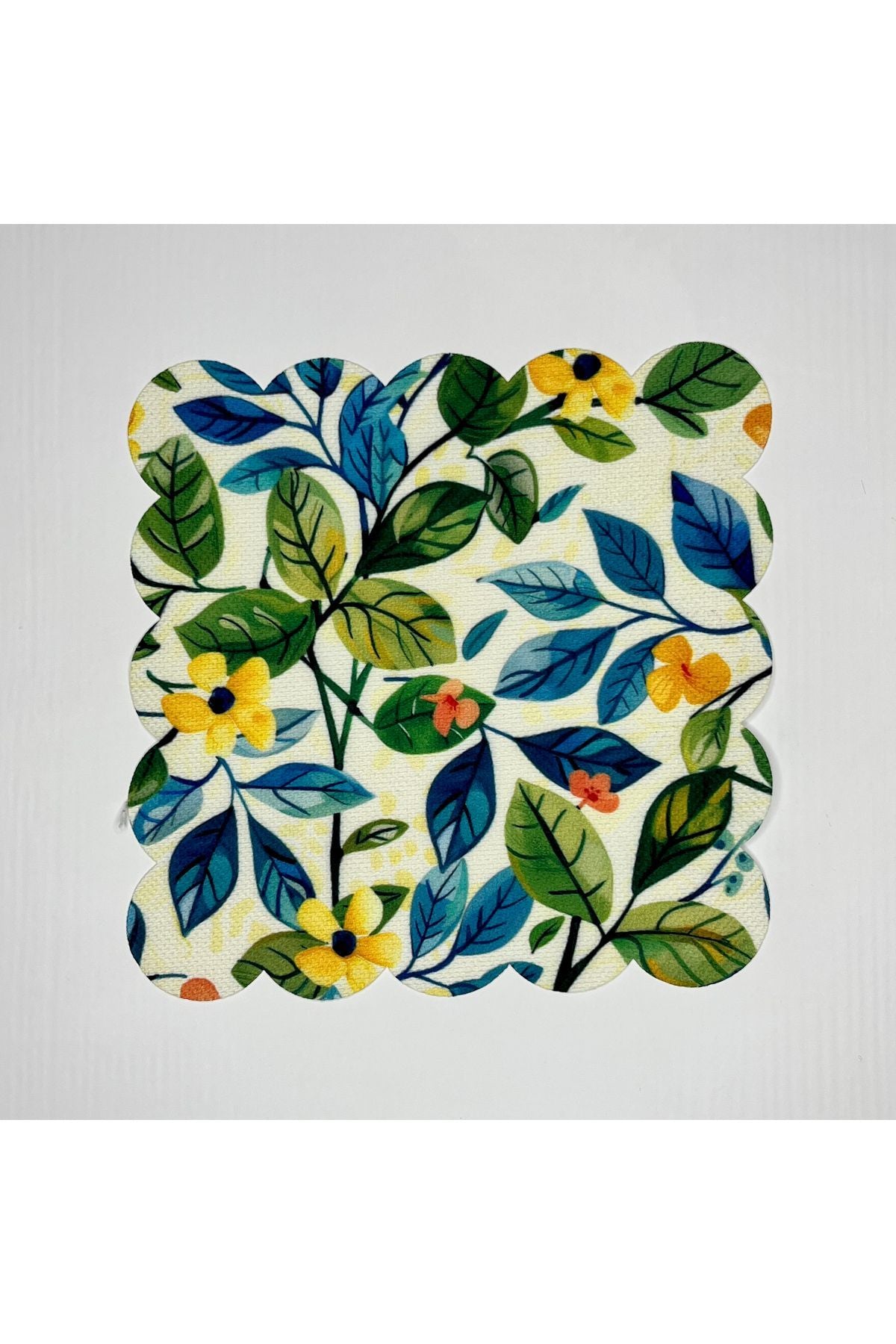 Mavi Yeşil Yaprak Desenli Sulu Boya Çiçekli Dijital Baskılı Kokteyl Peçetesi