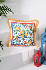 Limoncello Sulu Boya Limon Tasarımlı Saçaklı Kadife Kırlent Kılıfı - 43x43cm