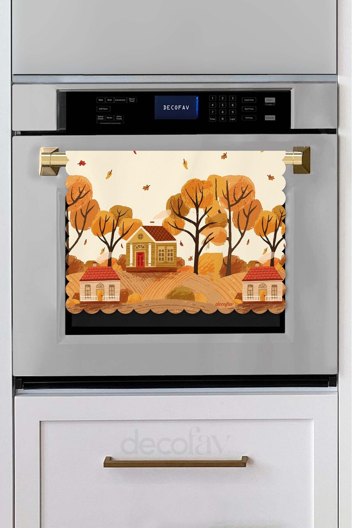 Sonbahar Ev Manzarası Turuncu Tonlu Lazer Kesim Fırın Örtüsü 43x55cm