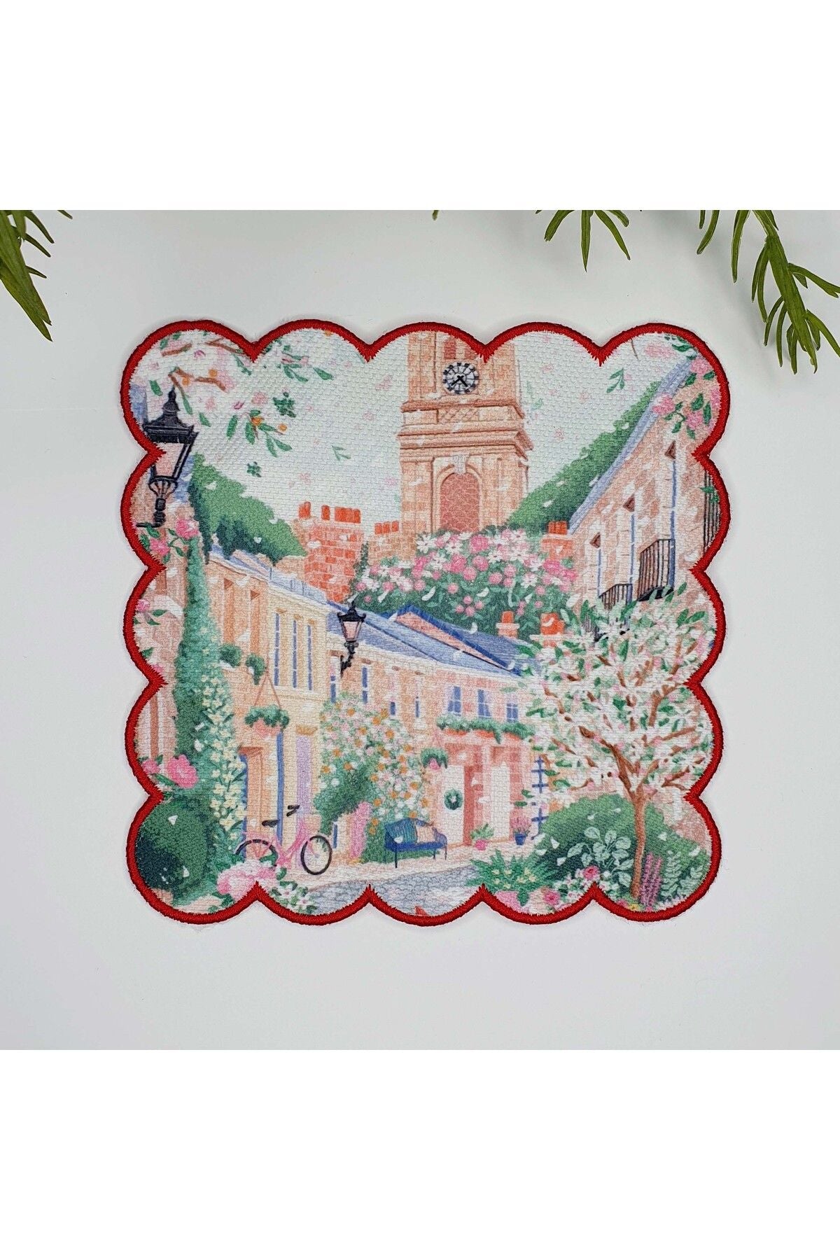 Sulu Boya Çiçekli Sokak Tasarımlı Etrafı Nakışlı Kokteyl Peçetesi 1 Adet