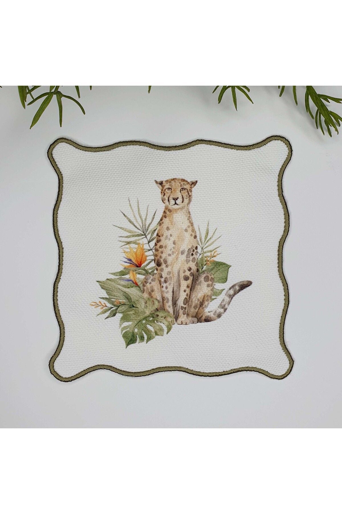 Sulu Boya Çita ve Tropikal Yapraklar Tasarım Nakış Kenar Kokteyl Peçetesi 1 Adet