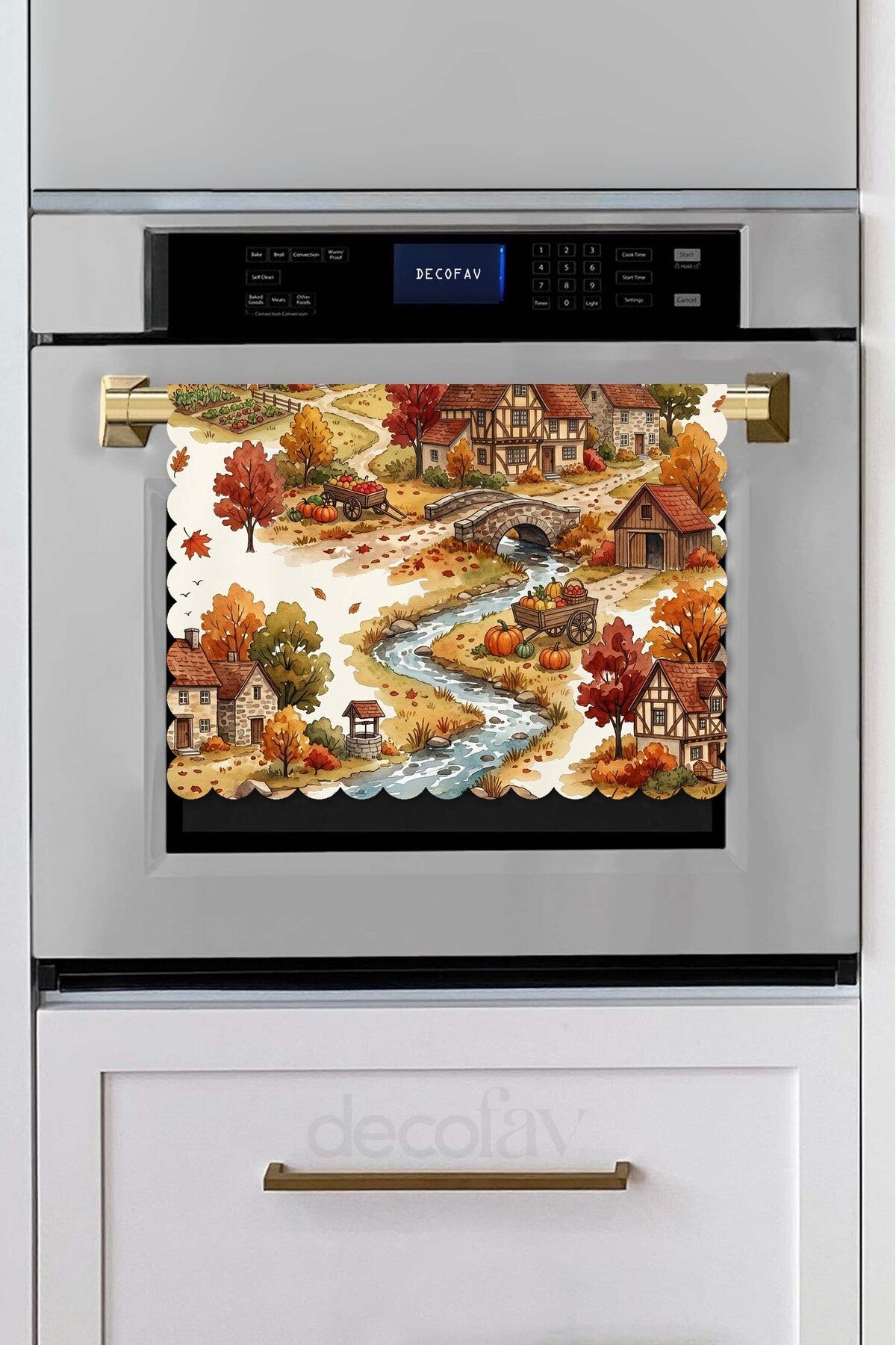 Suluboya Sonbahar Kasabası Desenli Lazer Kesim Fırın Örtüsü - 43x55cm