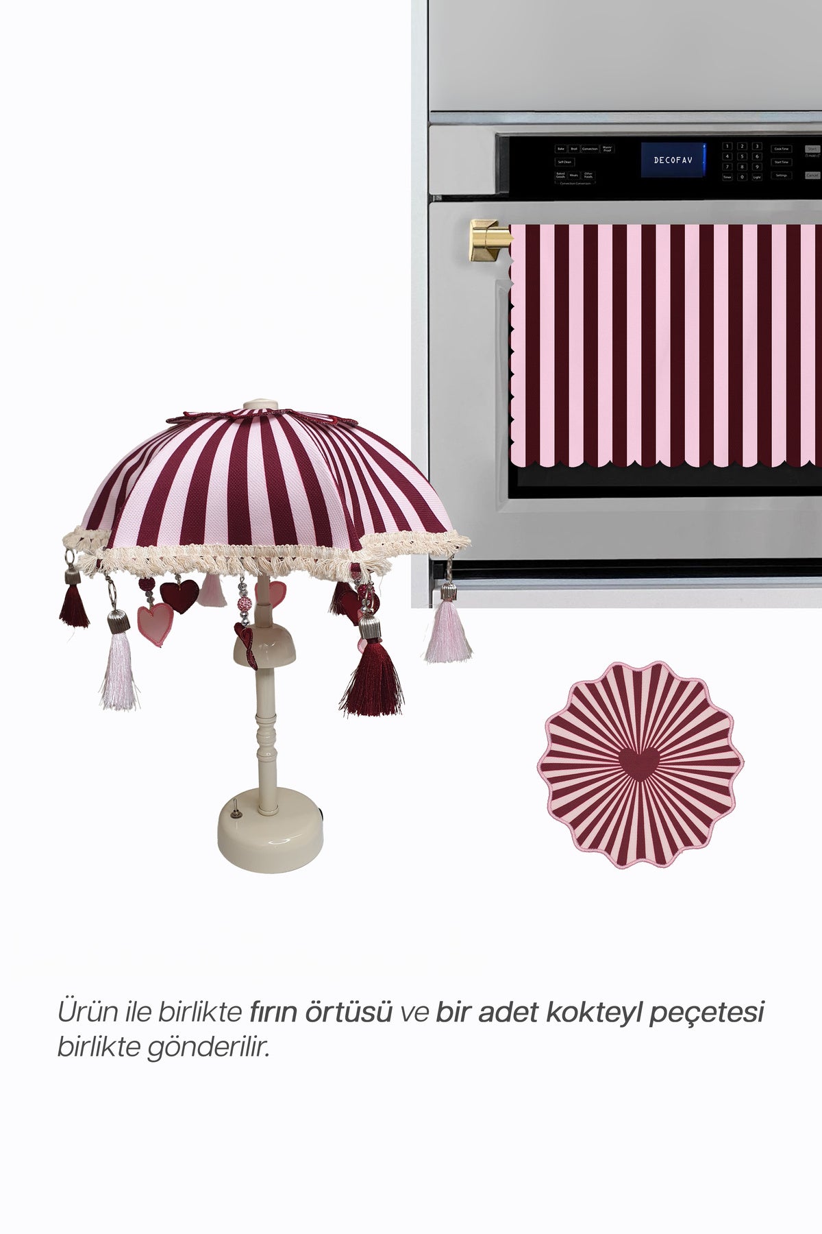 Valentine Candy Bali Şemsiyesi Şarjlı LED Aplik – Kalp Detaylı Pembe Bordo Dekoratif Aydınlatma