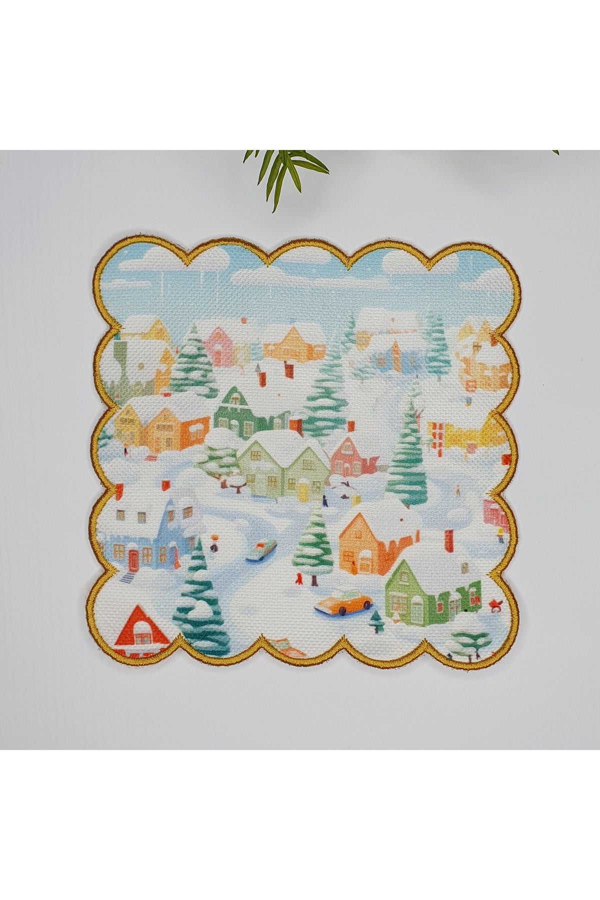 Şirin Yılbaşı Köyü Desenli Dijital Baskılı Nakışlı Kokteyl Peçetesi