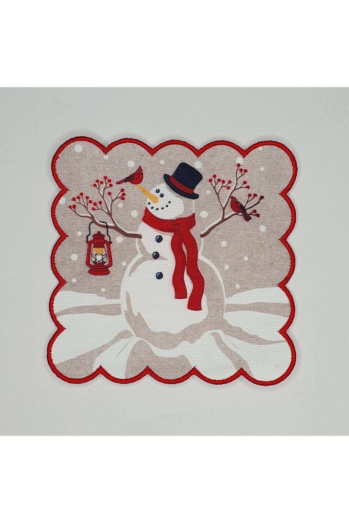 Christmas Snowman Patterned Digital Printed Embroidered Edged Cocktail Napkin