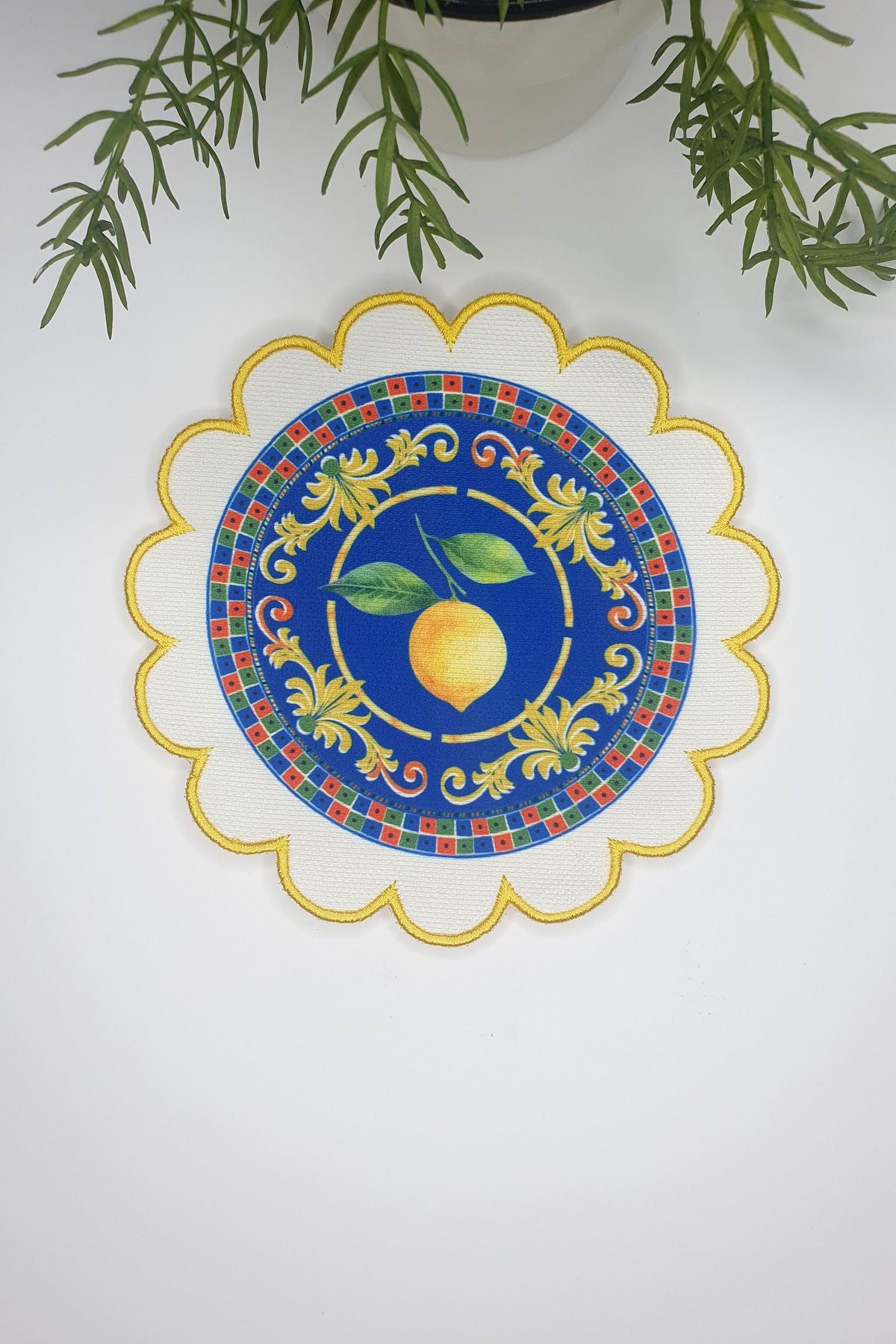 Çini ve Limon Tasarımlı Nakış Kenar Kumaş Kokteyl Peçetesi 1 Adet