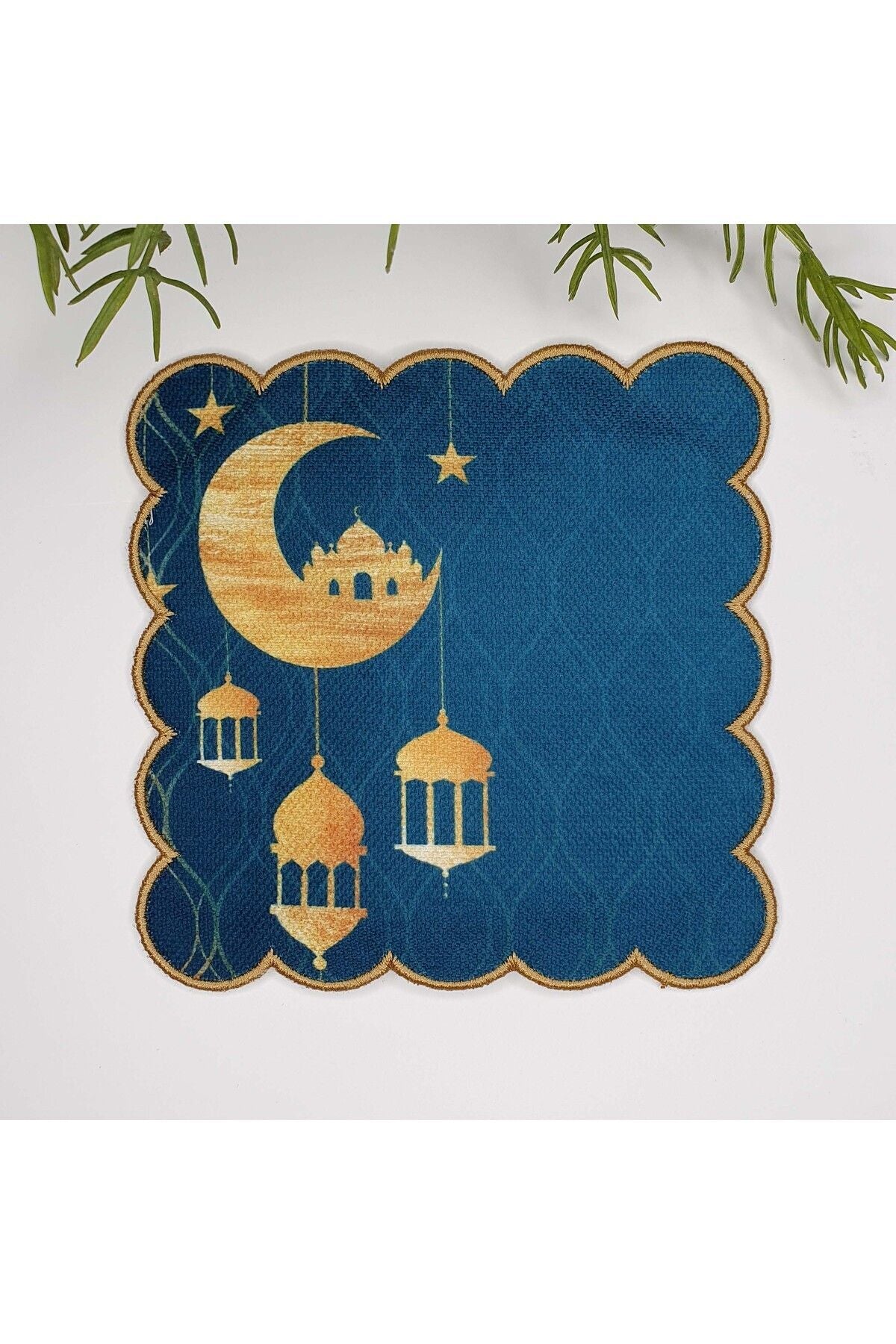 Hilal Cami ve Şamdan Tasarımlı İslami Motif Nakış Kenar Kokteyl Peçetesi 1 Adet